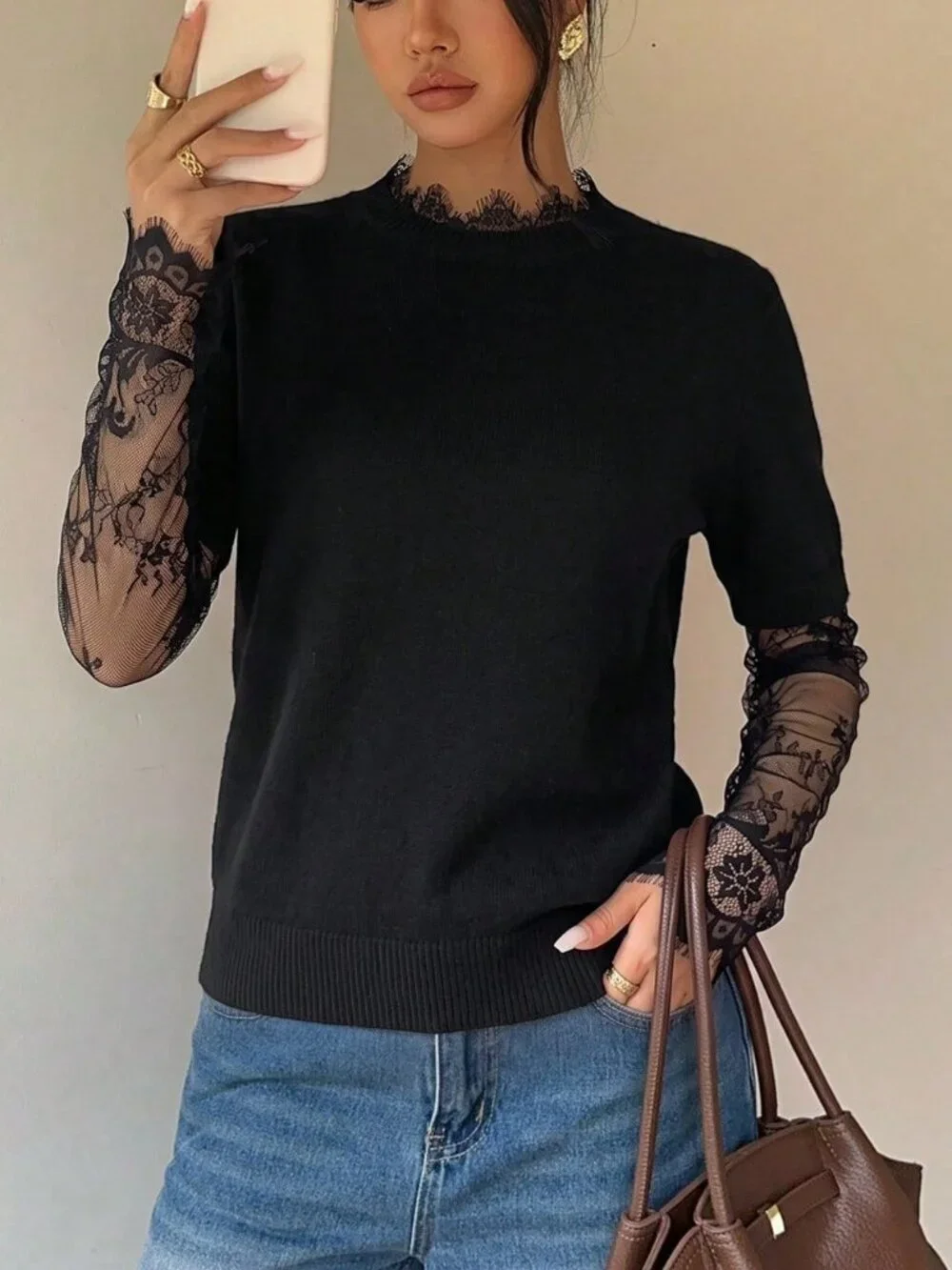 Black Casual Women's Lace detailed Drop Shoulder Round Neck Sweater